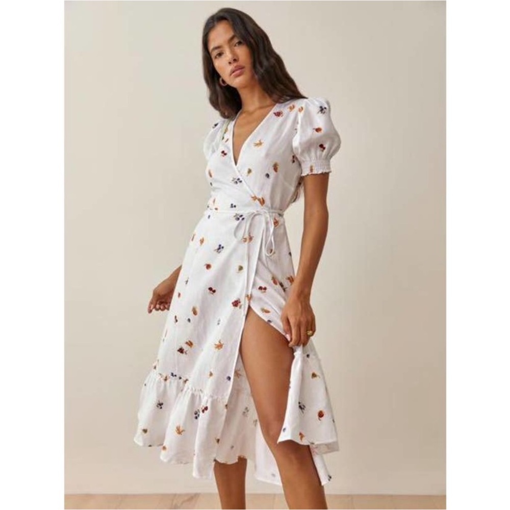 Reformation Veronika Wrap Linen V-Neck Tie-Waist Midi Dress Fruit Loops XS